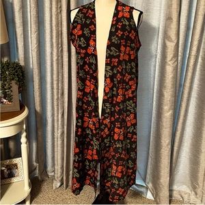 Lularoe Joy Duster Black Red Orange Hibiscus Flowers Floral Womens Size Small‎
